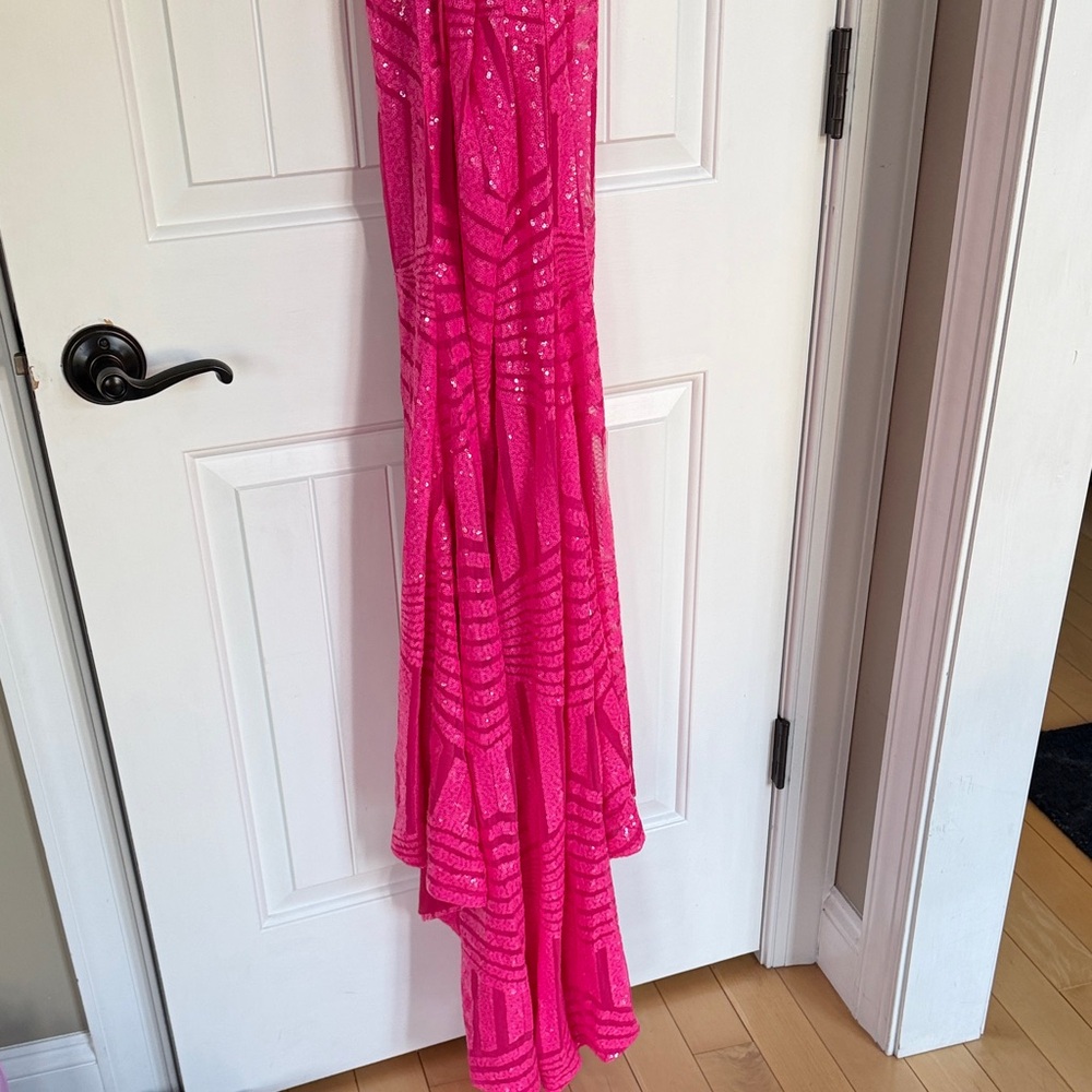 Hot Pink Sequin Spaghetti-Strap Evening Gown - Picture 7 of 8